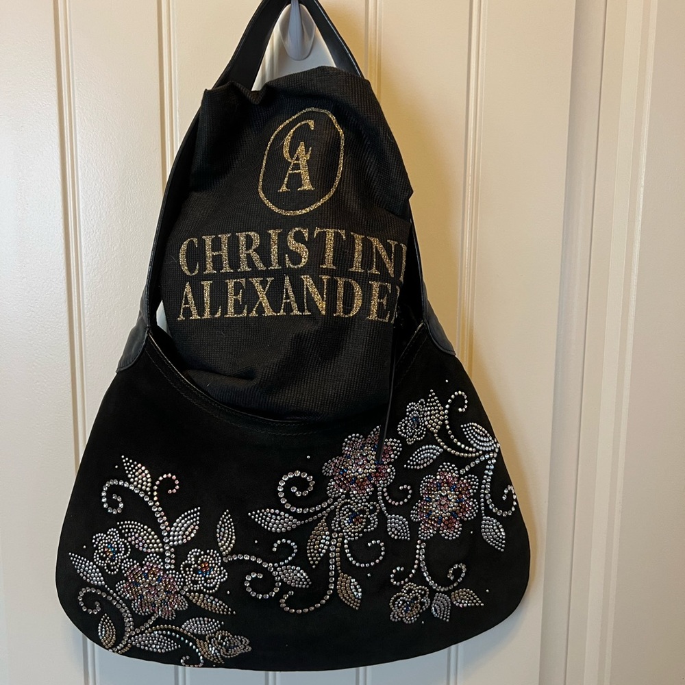 Christine Alexander Black Suede and Leather Flower Design bag handbag